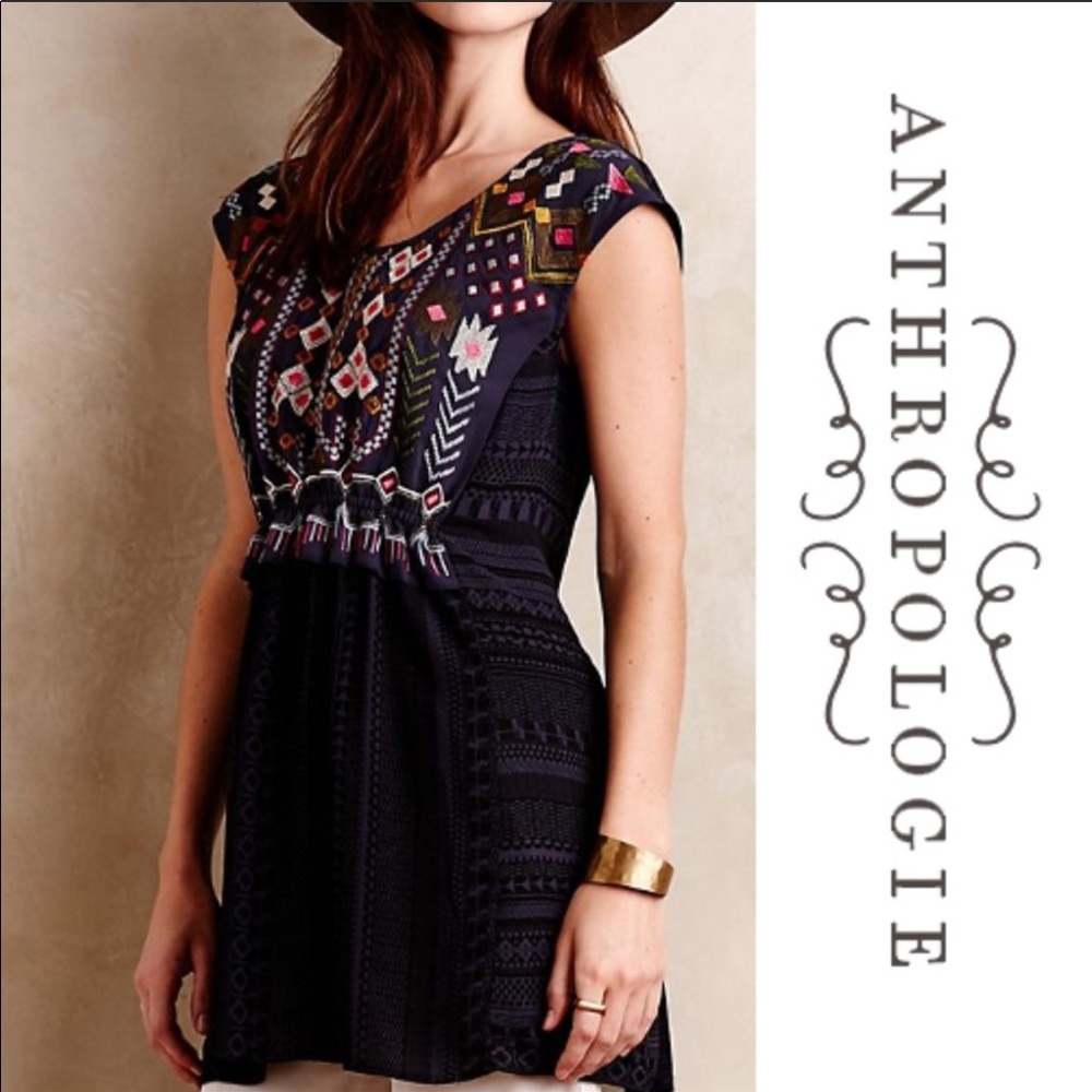 Anthropologie Black Multicolor Embroidered Tunic